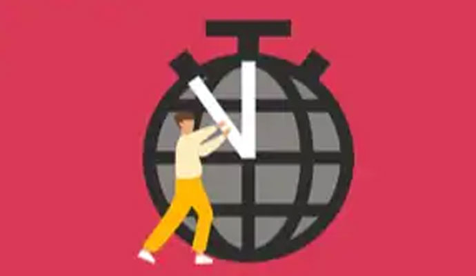 An illustration of a man standing in front of a clock shaped like a globe. An illustration of a man standing in front of a clock shaped like a globe.