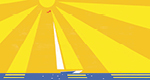 An illustration of a sailboat with yellow and white sails against a yellow sky, with rays from the sun mimicking the shape and color of the yellow sail.