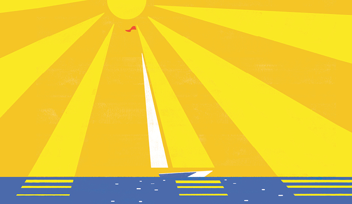 An illustration of a sailboat with yellow and white sails against a yellow sky, with rays from the sun mimicking the shape and color of the yellow sail. An illustration of a sailboat with yellow and white sails against a yellow sky, with rays from the sun mimicking the shape and color of the yellow sail.