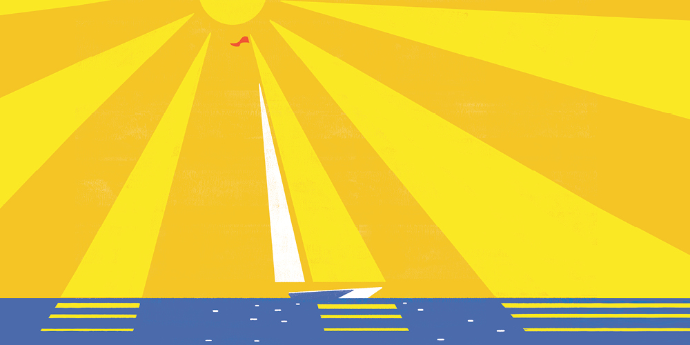 An illustration of a sailboat with yellow and white sails against a yellow sky, with rays from the sun mimicking the shape and color of the yellow sail.