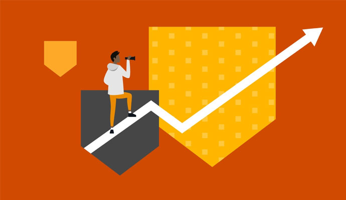 An illustration of a man standing on an zigzag arrow, holding a pair of binoculars. An illustration of a man standing on an zigzag arrow, holding a pair of binoculars.