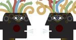 A stylized illustration shows two heads in conversation, with arrows springing from their minds.