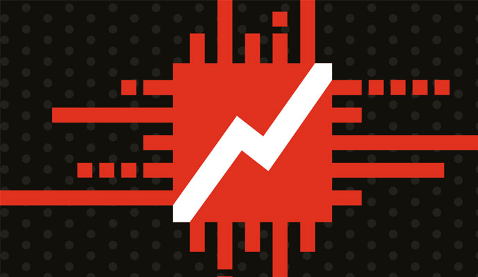 An illustration of a red computer chip with a white zigzag line crossing the center.   An illustration of a red computer chip with a white zigzag line crossing the center.