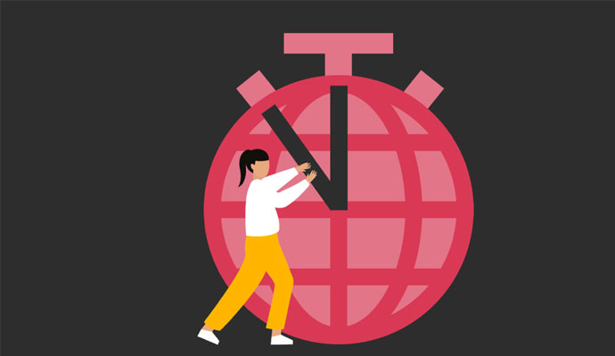 Alt text: An illustration of a woman standing in front of a clock shaped like a globe.