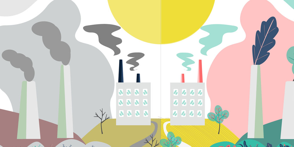 Illustration showing a polluting factory against a gray landscape on the left, and a clean factory against a colorful landscape on the right. Illustration showing a polluting factory against a gray landscape on the left, and a clean factory against a colorful landscape on the right.