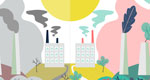 Illustration showing a polluting factory against a gray landscape on the left, and a clean factory against a colorful landscape on the right.