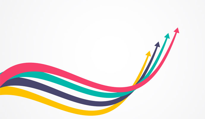 An illustration of four arrows — pink, teal, navy, and yellow — swooping together into an upward trajectory.