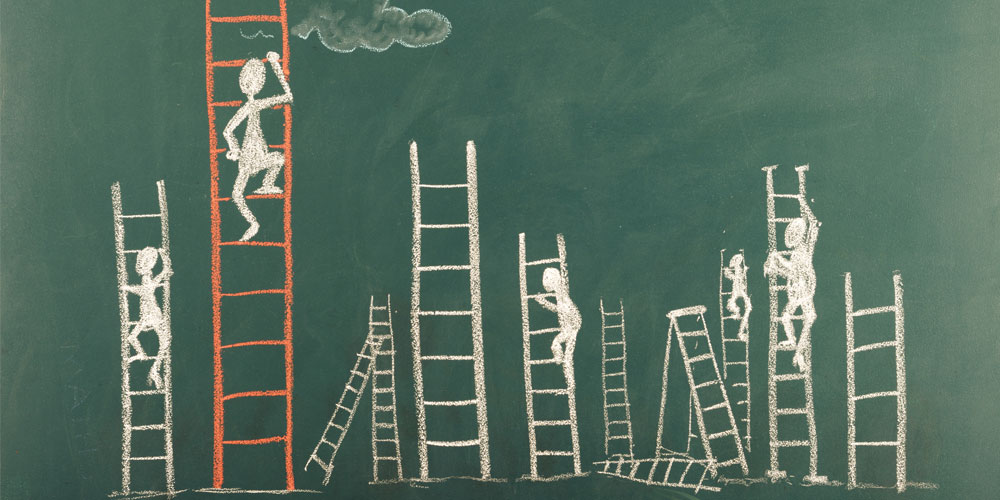 Chalkboard drawing of stick figures climbing ladders of varying heights Chalkboard drawing of stick figures climbing ladders of varying heights
