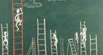 Chalkboard drawing of stick figures climbing ladders of varying heights