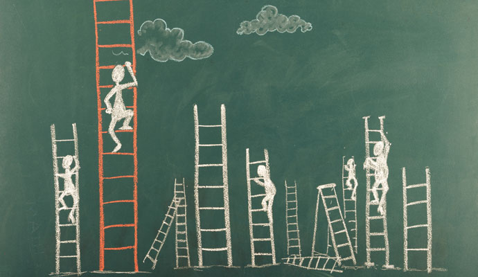 Chalkboard drawing of stick figures climbing ladders of varying heights Chalkboard drawing of stick figures climbing ladders of varying heights