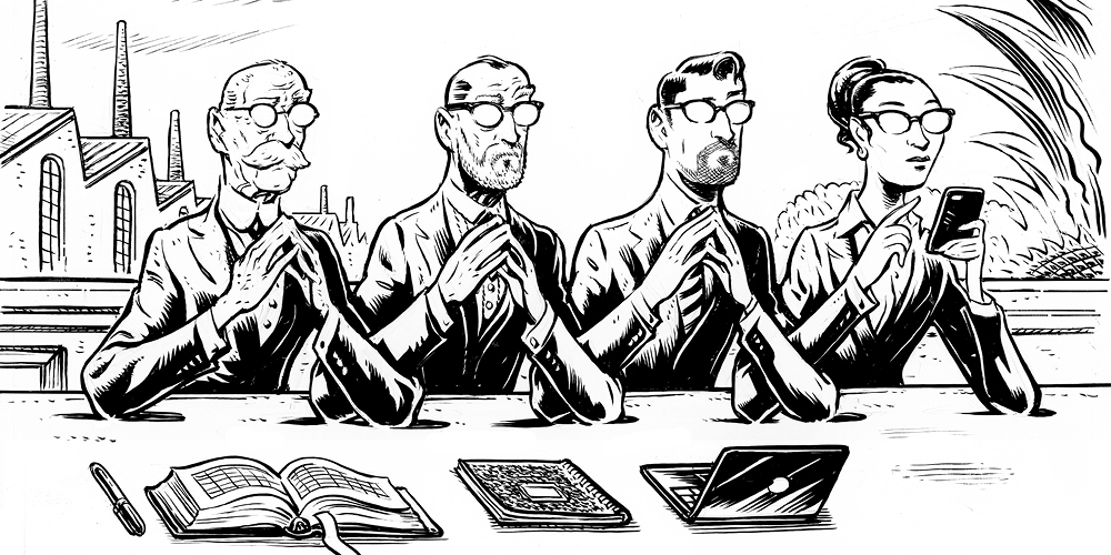 A black-and-white illustration showing four generations of a family business in descending order of age: an elderly man, a middle-aged man, a young man, and a young woman. A black-and-white illustration showing four generations of a family business in descending order of age: an elderly man, a middle-aged man, a young man, and a young woman.