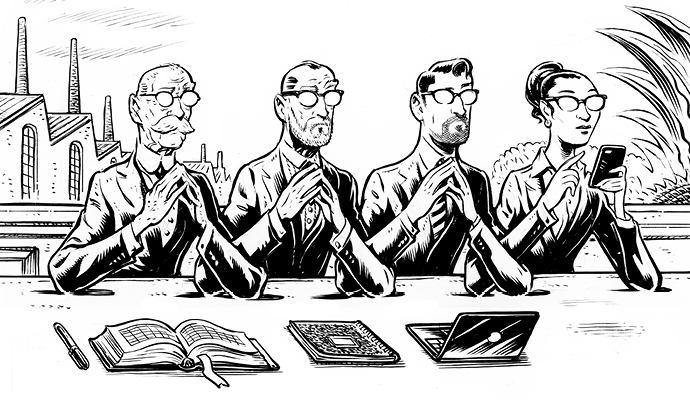 A black-and-white illustration showing four generations of a family business in descending order of age: an elderly man, a middle-aged man, a young man, and a young woman. A black-and-white illustration showing four generations of a family business in descending order of age: an elderly man, a middle-aged man, a young man, and a young woman.