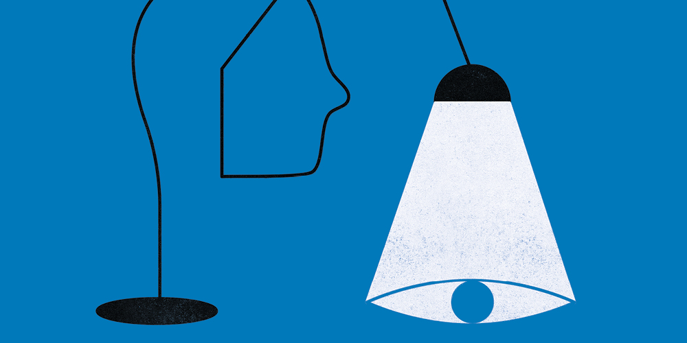 An illustration of a black lamp with a wire base that is twisted to form a face in profile, against a blue background. The light from the lamp shines downward and pools in the shape of an eye.
