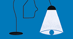 An illustration of a black lamp with a wire base that is twisted to form a face in profile, against a blue background. The light from the lamp shines downward and pools in the shape of an eye.