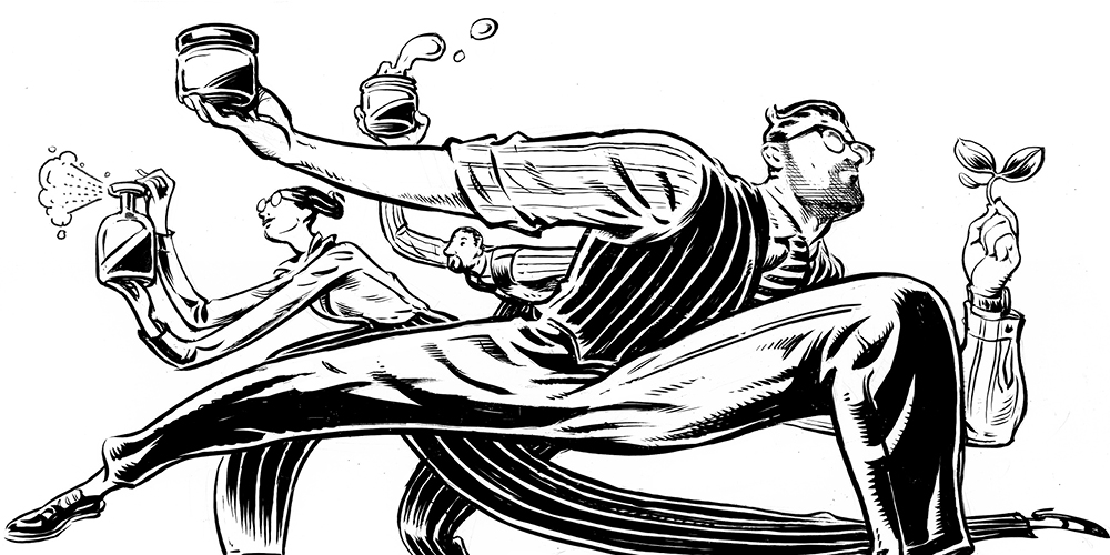 A black-and-white illustration showing a businessman in a flexible pose, holding products from the cosmetics industry. A woman and another man, both in similarly flexible poses, are behind him and holding cosmetics products.  A black-and-white illustration showing a businessman in a flexible pose, holding products from the cosmetics industry. A woman and another man, both in similarly flexible poses, are behind him and holding cosmetics products.