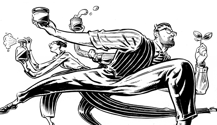 A black-and-white illustration showing a businessman in a flexible pose, holding products from the cosmetics industry. A woman and another man, both in similarly flexible poses, are behind him and holding cosmetics products. 