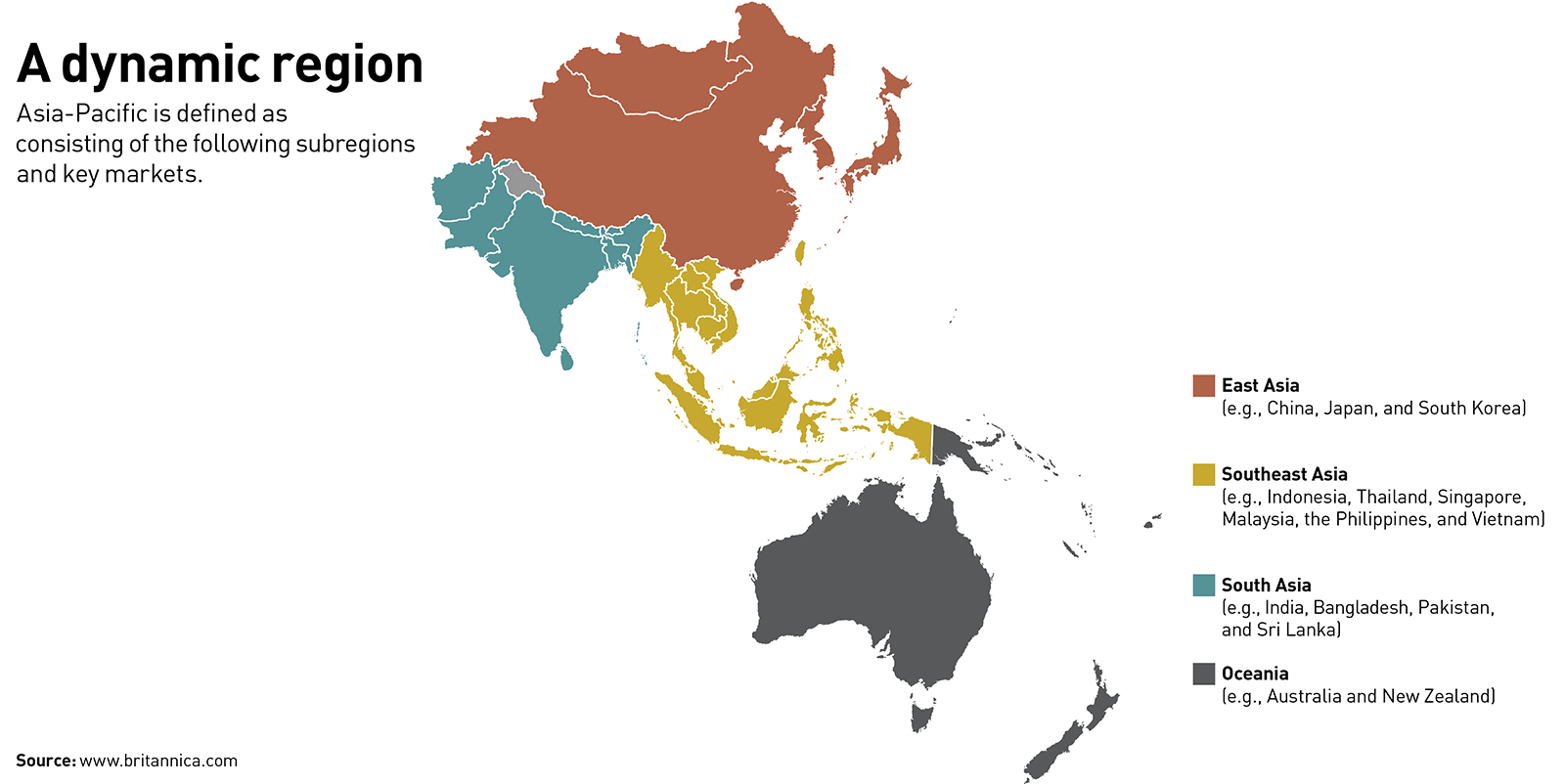 A map of Asia-Pacific broken into four color-coded areas: East Asia (brown), Southeast Asia (yellow), South Asia (teal), and Oceania (gray).