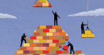 An illustration showing silhouetted figures constructing a large, upward-pointing arrow out of red, orange, and yellow bricks.
