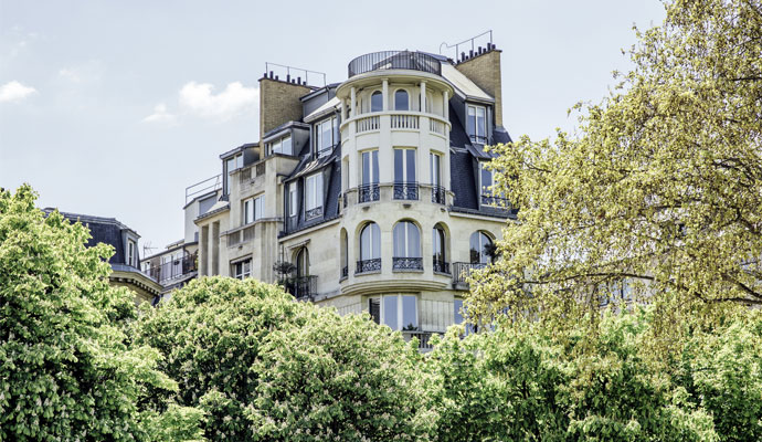 A luxury building looms beyond a row of trees. A luxury building looms beyond a row of trees.