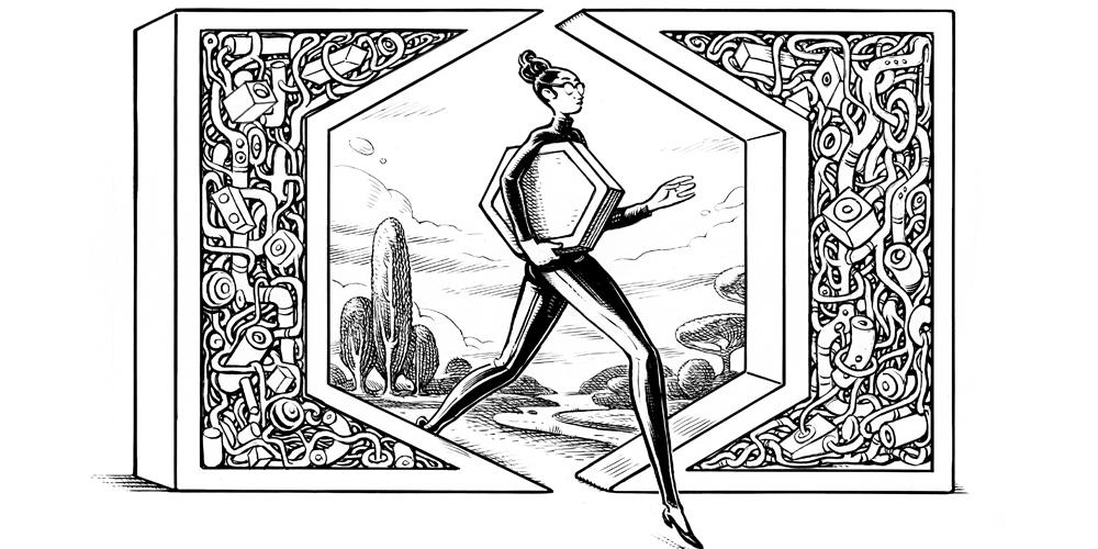 A black-and-white illustration of a slender woman in glasses stepping through a hexagon-shaped door. She also is carrying a hexagon. A black-and-white illustration of a slender woman in glasses stepping through a hexagon-shaped door. She also is carrying a hexagon.