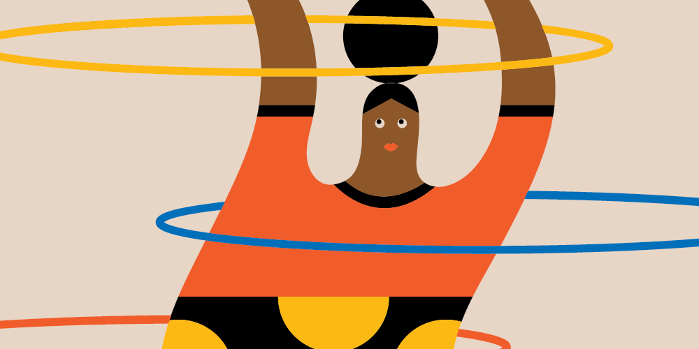 An abstract illustration of a woman hula-hooping with various colored hoops. Her body is curved in a way that suggests extreme flexibility. An abstract illustration of a woman hula-hooping with various colored hoops. Her body is curved in a way that suggests extreme flexibility.