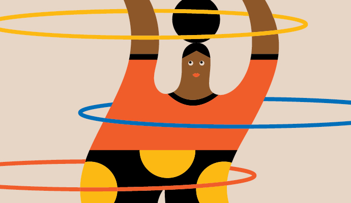 An abstract illustration of a woman hula-hooping with various colored hoops. Her body is curved in a way that suggests extreme flexibility.