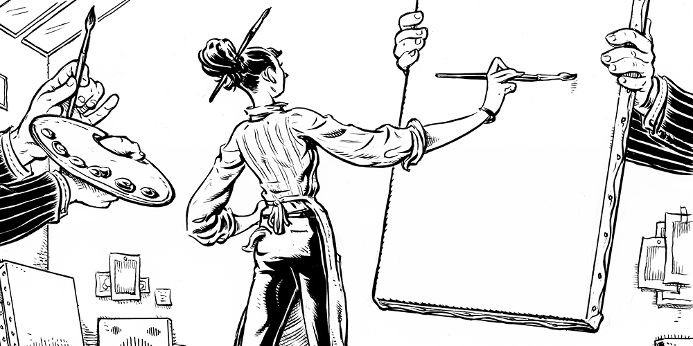 A black-and-white illustration of a woman about to begin a painting on a blank canvas. A pair of men's arms, in a suit jacket, holds the canvas; another pair of suited arms holds the painter's palette.  A black-and-white illustration of a woman about to begin a painting on a blank canvas. A pair of men's arms, in a suit jacket, holds the canvas; another pair of suited arms holds the painter's palette.