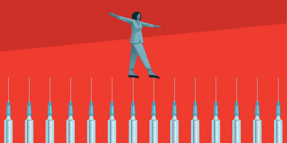 An illustration of a woman walking across the tips of a line of hypodermic needles. Her arms are outstretched to help her keep her balance.