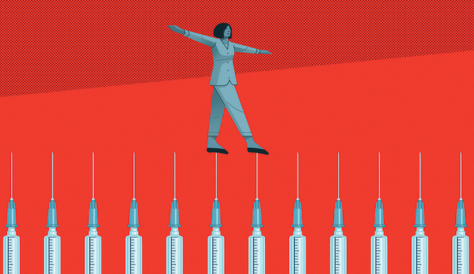 An illustration of a woman walking across the tips of a line of hypodermic needles. Her arms are outstretched to help her keep her balance.