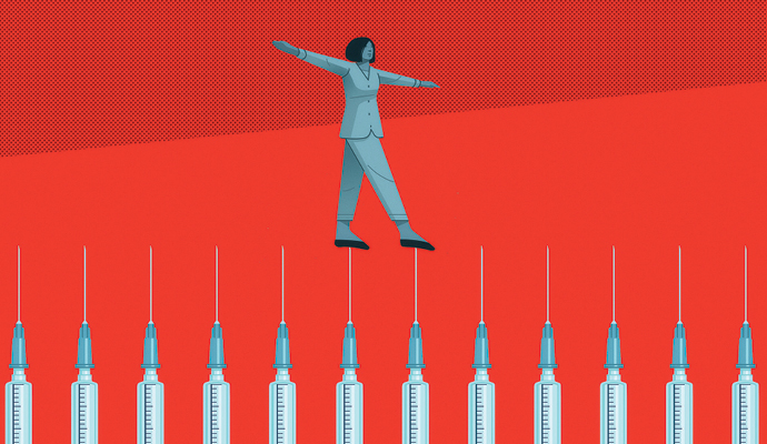 An illustration of a woman walking across the tips of a line of hypodermic needles. Her arms are outstretched to help her keep her balance.