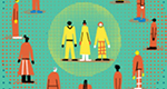 An illustration showing people grouped, by color of clothing, in concentric circles. Their bodies form a target with a yellow bullseye.