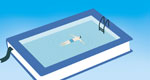 Illustration of a swimmer floating in a pool made of a book