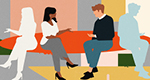 An abstract illustration of a woman and a man talking against a multicolor background. Two pale silhouettes—the woman and man's images in reverse—sit on either side of them.