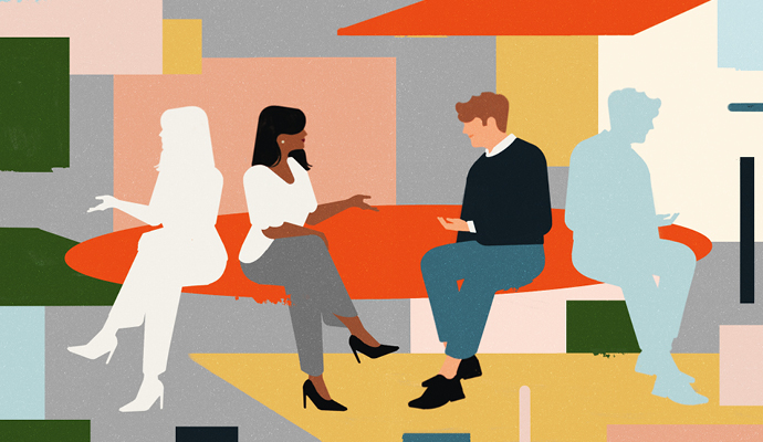 An abstract illustration of a woman and a man talking against a multicolor background. Two pale silhouettes—the woman and man's images in reverse—sit on either side of them. An abstract illustration of a woman and a man talking against a multicolor background. Two pale silhouettes—the woman and man's images in reverse—sit on either side of them.