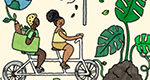 A montage of eco-themed illustrations against an off-white background, including a woman pushing a shopping cart full of greenery, a brown bag with trees sprouting out of it, and a wind turbine.
