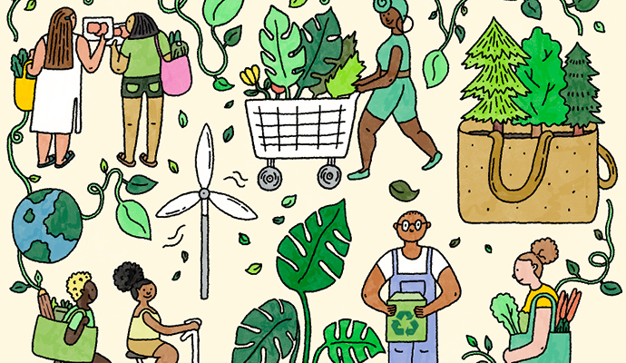 A montage of eco-themed illustrations against an off-white background, including a woman pushing a shopping cart full of greenery, a brown bag with trees sprouting out of it, and a wind turbine.