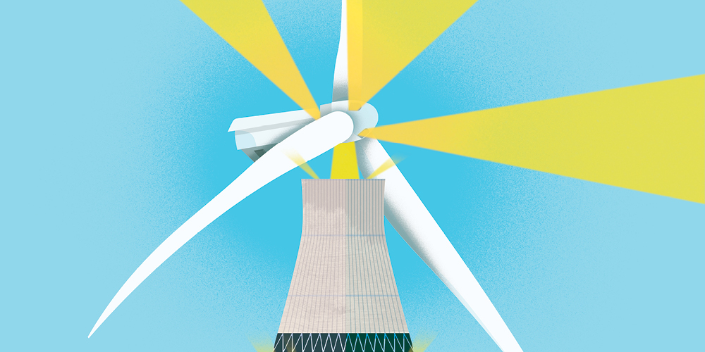 An illustration of a wind turbine emerging from a reactor, which is emerging from a smokestack, which is emerging from a log. Rays of yellow energy shoot from the structure. An illustration of a wind turbine emerging from a reactor, which is emerging from a smokestack, which is emerging from a log. Rays of yellow energy shoot from the structure.