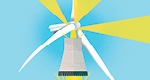An illustration of a wind turbine emerging from a reactor, which is emerging from a smokestack, which is emerging from a log. Rays of yellow energy shoot from the structure.