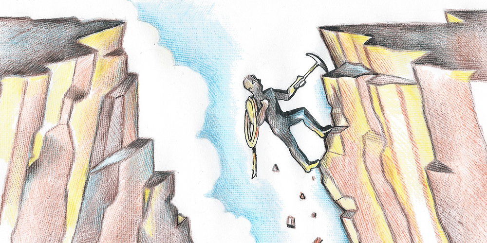 An illustration of a man climbing a rock face with the help of a pickax. A coil of rope hangs from his shoulder, and he is silhouetted against a blue sky with clouds. An illustration of a man climbing a rock face with the help of a pickax. A coil of rope hangs from his shoulder, and he is silhouetted against a blue sky with clouds.