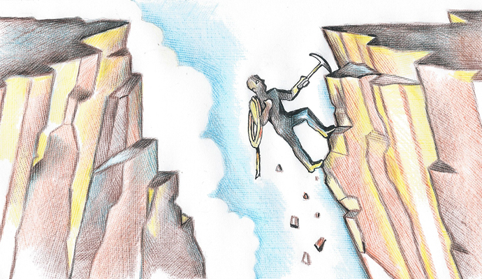 An illustration of a man climbing a rock face with the help of a pickax. A coil of rope hangs from his shoulder, and he is silhouetted against a blue sky with clouds.