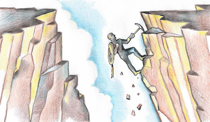 An illustration of a man climbing a rock face with the help of a pickax. A coil of rope hangs from his shoulder, and he is silhouetted against a blue sky with clouds. An illustration of a man climbing a rock face with the help of a pickax. A coil of rope hangs from his shoulder, and he is silhouetted against a blue sky with clouds.