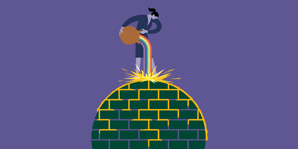 An illustration of a woman standing on a sphere made of bricks, holding a brown jug that a rainbow is pouring out of. The rainbow turns into a splash of gold where it hits the sphere, and the gold runs down the cracks of the bricks. An illustration of a woman standing on a sphere made of bricks, holding a brown jug that a rainbow is pouring out of. The rainbow turns into a splash of gold where it hits the sphere, and the gold runs down the cracks of the bricks.