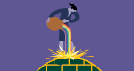 An illustration of a woman standing on a sphere made of bricks, holding a brown jug that a rainbow is pouring out of. The rainbow turns into a splash of gold where it hits the sphere, and the gold runs down the cracks of the bricks.