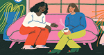 An illustration of a Black woman and a white woman sitting on a couch and talking. The white woman holds a mug of coffee.