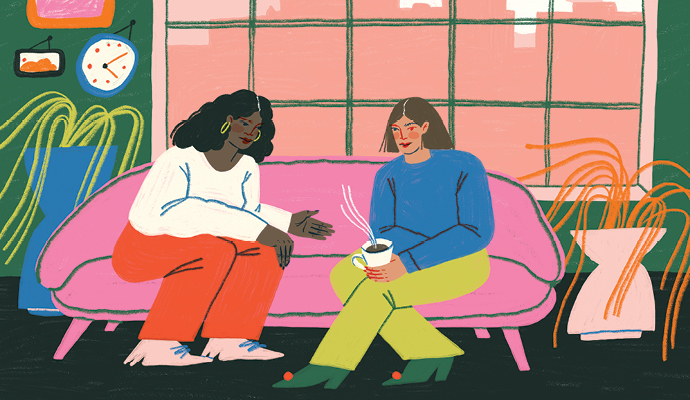 An illustration of a Black woman and a white woman sitting on a couch and talking. The white woman holds a mug of coffee. An illustration of a Black woman and a white woman sitting on a couch and talking. The white woman holds a mug of coffee.