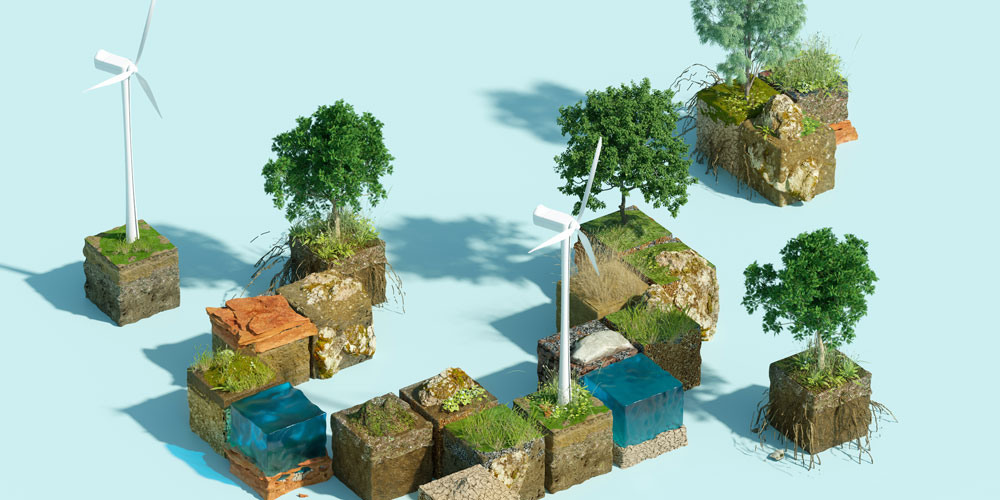 Digitally generated image of wind turbines and trees on cubic squares of earth, against a light-blue background. Digitally generated image of wind turbines and trees on cubic squares of earth, against a light-blue background.