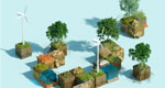 Digitally generated image of wind turbines and trees on cubic squares of earth, against a light-blue background.