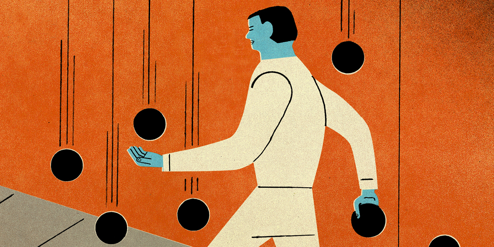 An illustration of a man walking down a sidewalk while black spheres fall all around him. He is untroubled by the spheres, and catches one in his left hand while holding another one in his right hand. An illustration of a man walking down a sidewalk while black spheres fall all around him. He is untroubled by the spheres, and catches one in his left hand while holding another one in his right hand.