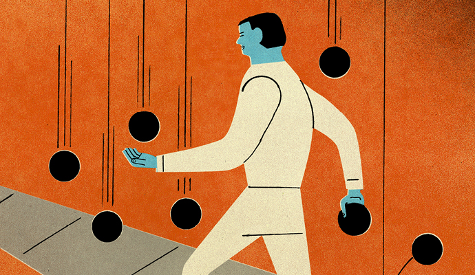 An illustration of a man walking down a sidewalk while black spheres fall all around him. He is untroubled by the spheres, and catches one in his left hand while holding another one in his right hand. An illustration of a man walking down a sidewalk while black spheres fall all around him. He is untroubled by the spheres, and catches one in his left hand while holding another one in his right hand.