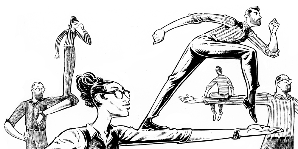 A black-and-white illustration of three people, all of whom are balancing another person on their outstretched arms.